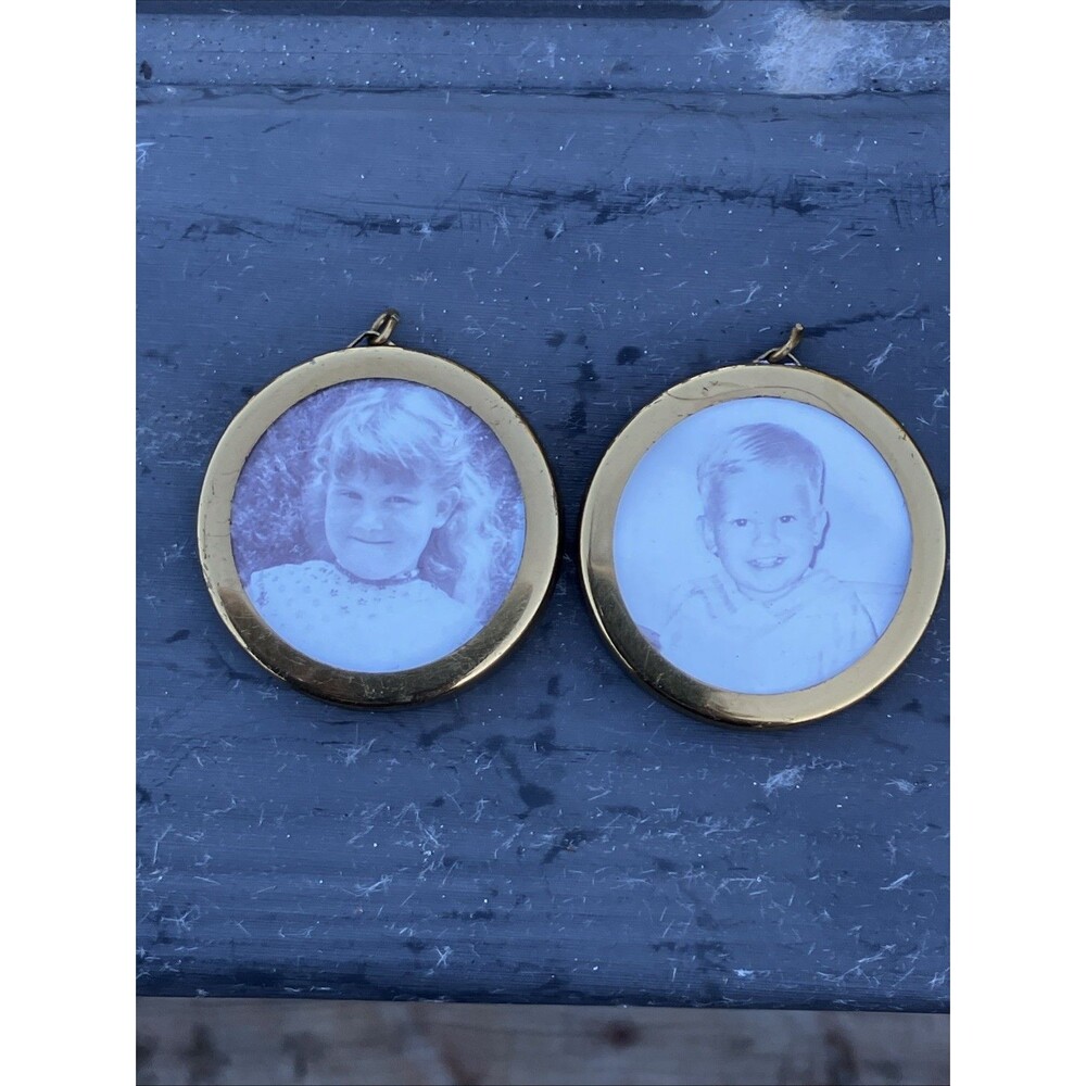 Vintage Young Girl Boy Brass Picture Photo Hanging Pendant Charm Lot Of 2